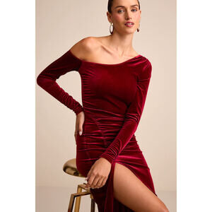Lulus Notorious Icon Wine Red Velvet Asymmetrical Maxi Dress - Size M